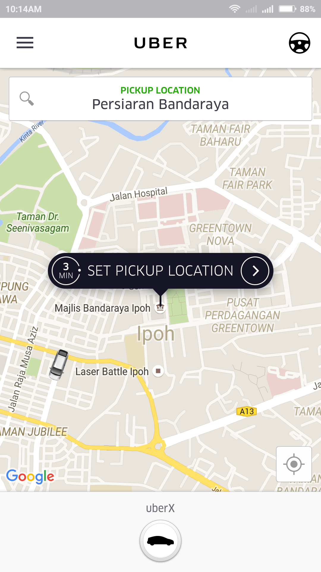 1. screenshot from the Uber application on my phone: Set the location detected by the GPS function on your phone and click on the arrow to order a Uber.