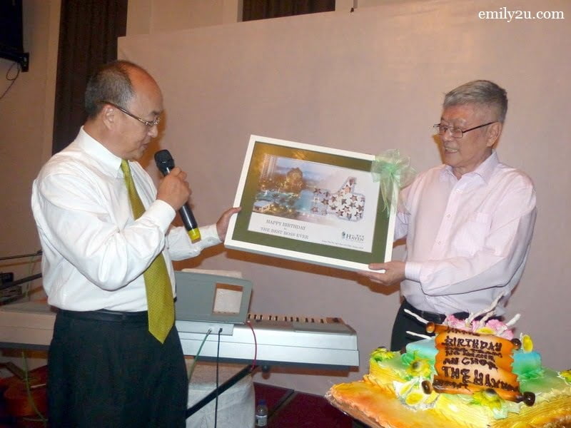 12. The Haven General Manager Jimmy Yeo (L) presents a birthday gift on behalf of management and staff to the Best Boss Ever, Mr. Peter Chan (R)