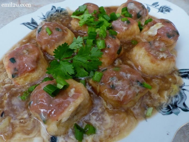 14. Guangxi Stuffed Dried Bean Curd - I added egg sauce, then topped with spring onions and parsley