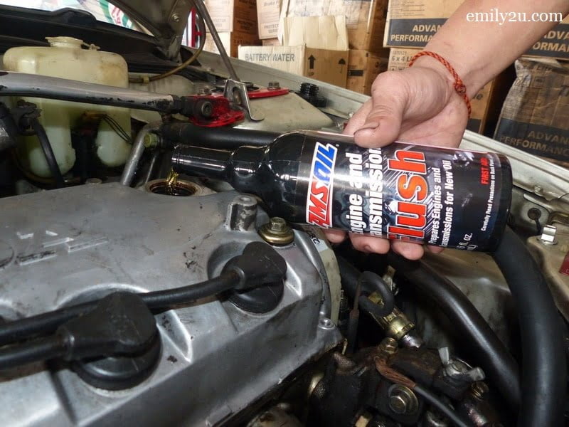 2. pour the whole bottle of Amsoil Engine Flush into the engine