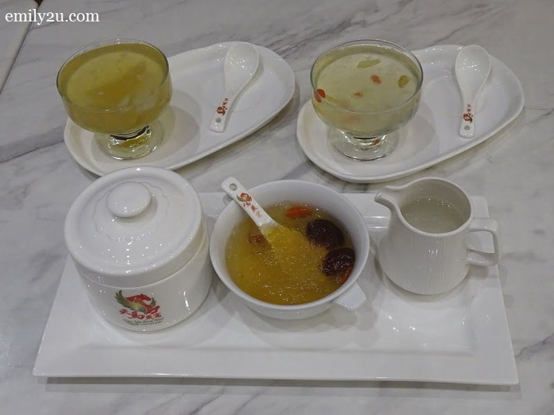 clockwise from top left: Bird's Nest with Pear, Bird's Nest with Ginseng Tea & Signature Double Boiled Bird's Nest