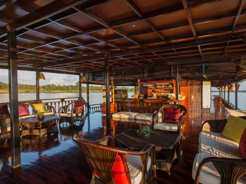Interior of The Vat Phou, a floating hotel cruising along the Mekong River, Southern Laos