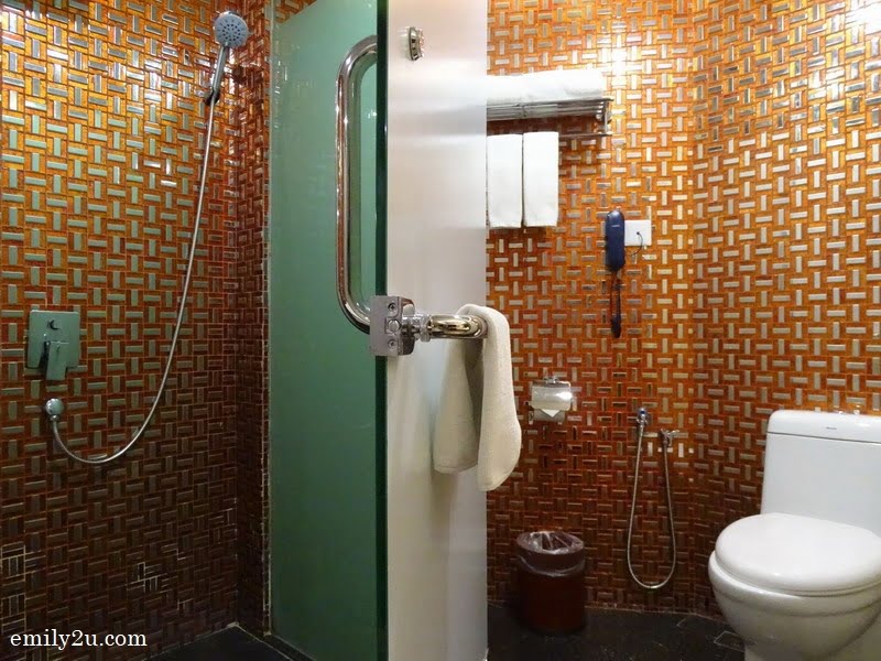 shower stall on the left and toilet on the right