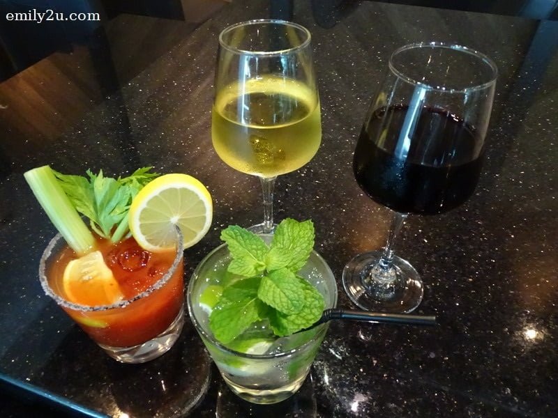   25. highlighted beverages from Moon River Bar & Grill (clockwise L to R): Virgin Mary, White Wine, Red Wine & Mojito 