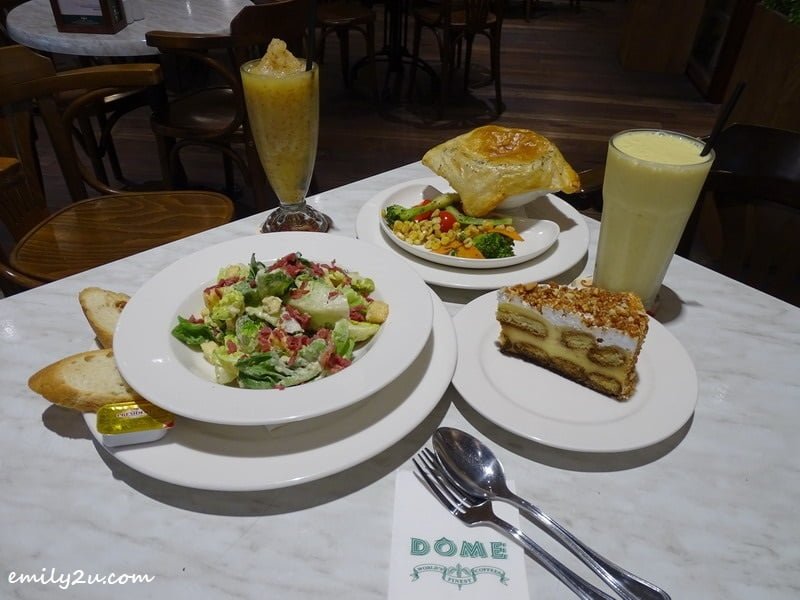Clockwise from L - R: Caesar Salad, Apple Crush, Gourmet Chicken Pie, Banana Burst & Tiramisu @ DÔME Café, SkyAvenue