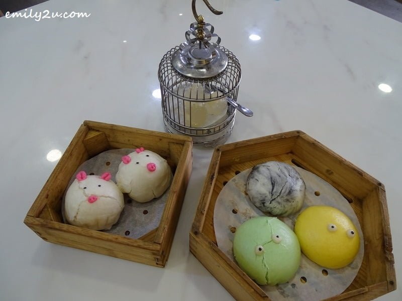 8. Cold Water Chestnut Cakes (birds in cage) from the Modern Dim Sum menu, Steamed Mixed Sweet Buns (3s) and Peppa Pig Custard Buns (2s) from the Bun Series