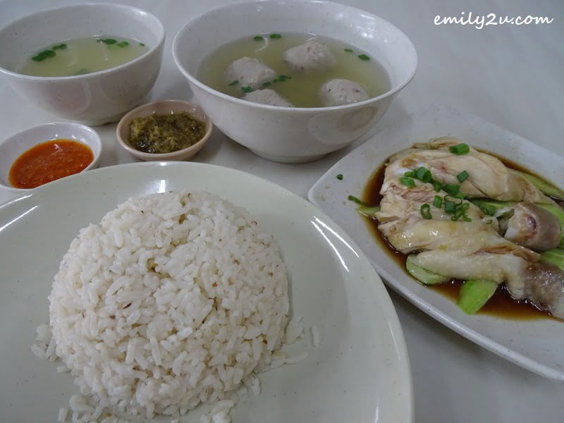  3. Chicken Rice set with garlic rice (choice of S or L) with a platter of chicken in soy sauce and bowl of soup. Meat balls are add-ons.