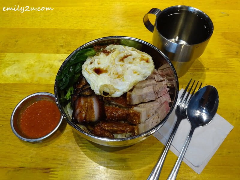 4. Iron Rice Bowl Roast Meat Rice with vegetables, egg, BBQ pork, roast pork and roast chicken