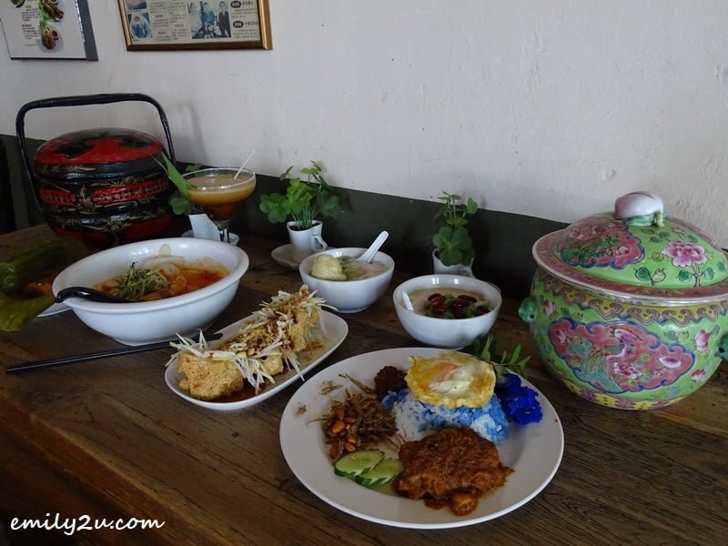  5. a lunch of kampung -style Peranakan cuisine, complemented by a fusion Peranakan coffee (far left)