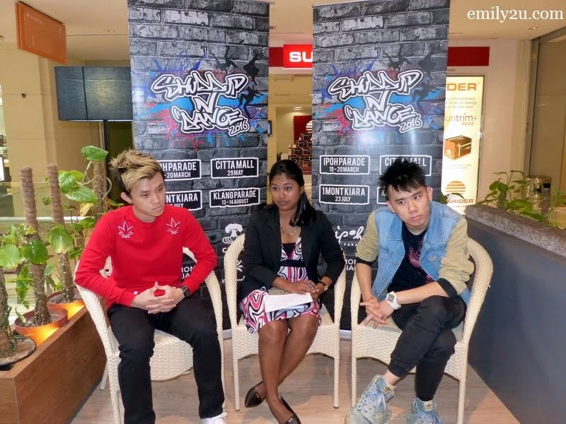1. at the press conference: Ipoh Parade Senior Executive Uthayasangari Arumugam flanked by Fee (L) and Danny Lee (R), two of the judges for Shaddup N' Dance Ipoh