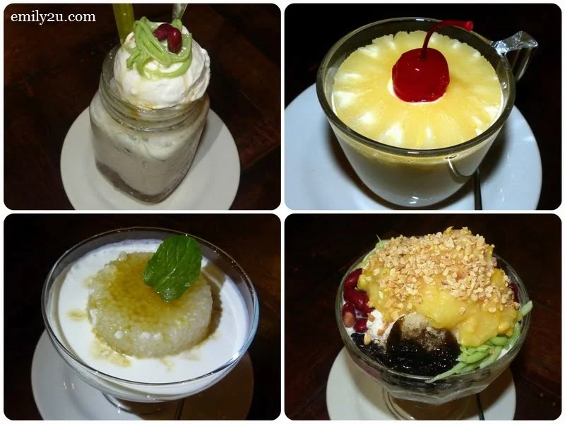11. dessert (clockwise from top left): Ipoh Cendol topped with Coconut Ice Cream (RM10), Pineapple Cheese Cake, Ais Batu Campur (RM9) & Sago Gula Melaka with Santan (RM8)