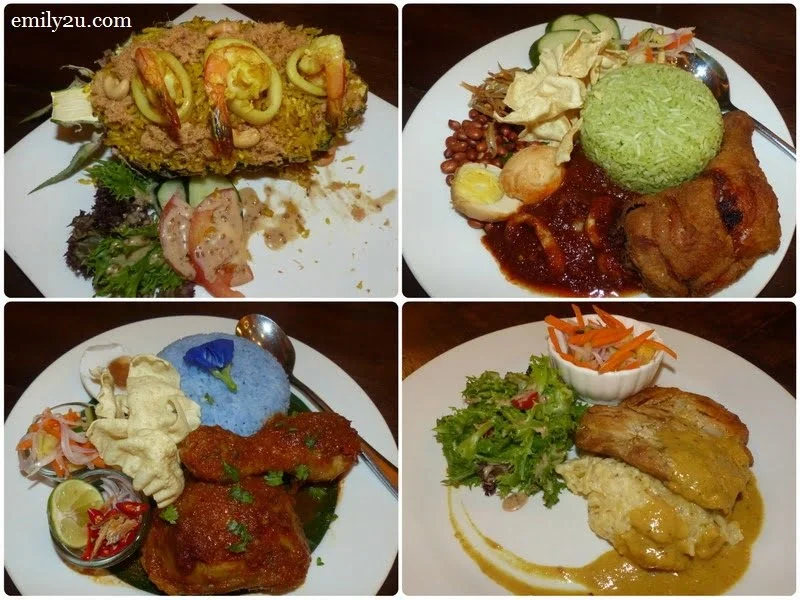 9. clockwise from top left: Pineapple Fried Rice (RM22), Pandan Nasi Lemak (RM22), Lemongrass Chicken Chop (RM22) & Nasi Kerabu Ayam Percik (RM22)