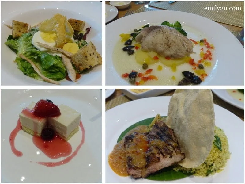 15. lunch at the all-day dining Kafe Oasia (clockwise from top left): Classic Caesar Salad, Poached Organic Garoupa Fillet with Asian Green, Organic Ayam Percik Kelantan & Tofu Cheesecake