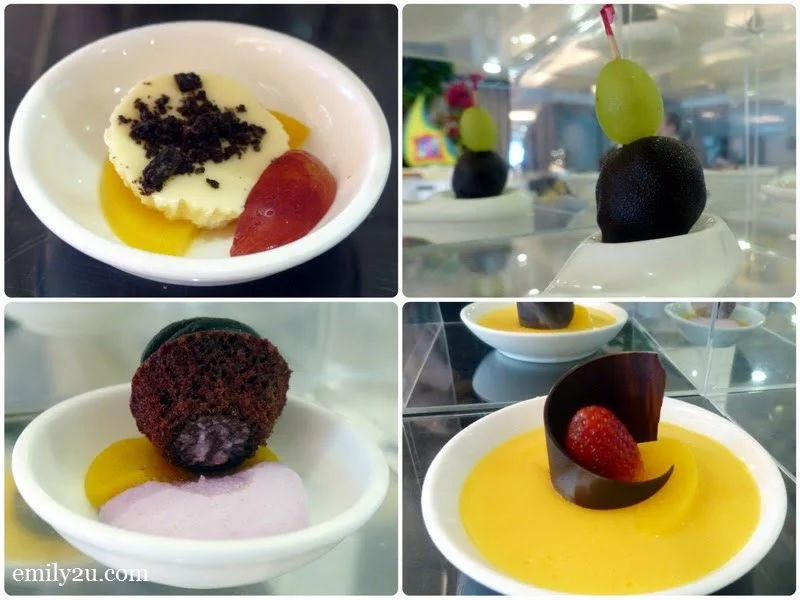 9. signature desserts (clockwise from top left): Oreo Cheese Cake, Chocolate Ball, Mango Pudding & Red Velvet