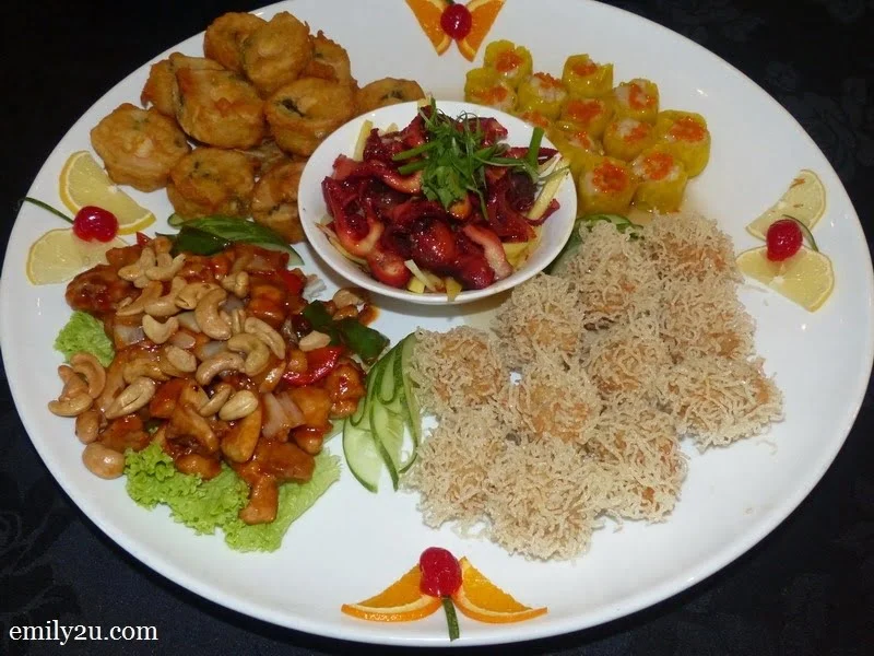 5 Hot & Cold Combination: Szechuan Chicken, Deep Fried Century Rolls, Assorted Dim Sum, Red Octopus with Mango Salad & Prawn Fritters