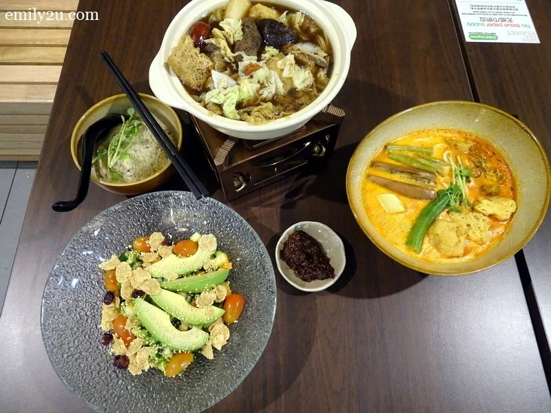clockwise from right: BMS Soy Milk Curry Laksa + Handmade Noodles, The Organic Harvest & Herby Broth Pot with Multigrain Rice