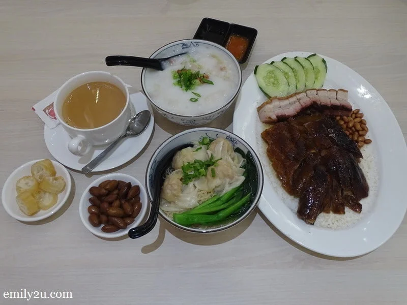  clockwise from right: Combination of traditional roast goose + honey-glazed BBQ Pork, Scallop Wanton Noodles in Soup, Hong Kong Milk Tea & Cuttlefish and mixed meat congee