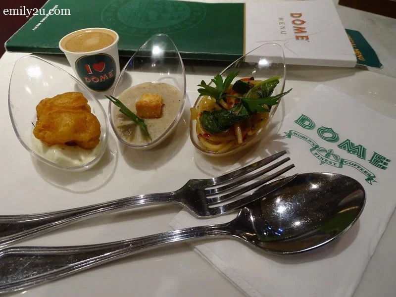 L-R: Chicken Nugget with Tartar Sauce, Mushroom Soup & Spicy Olio Spaghetti with Signature Latte
