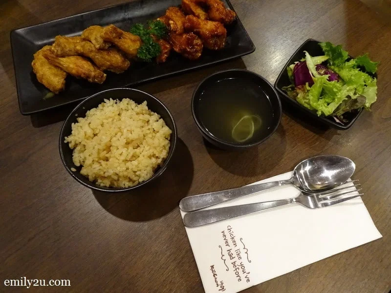  two varieties of wingette and drumette: soy garlic (L) & red pepper (R) + garlic fried rice