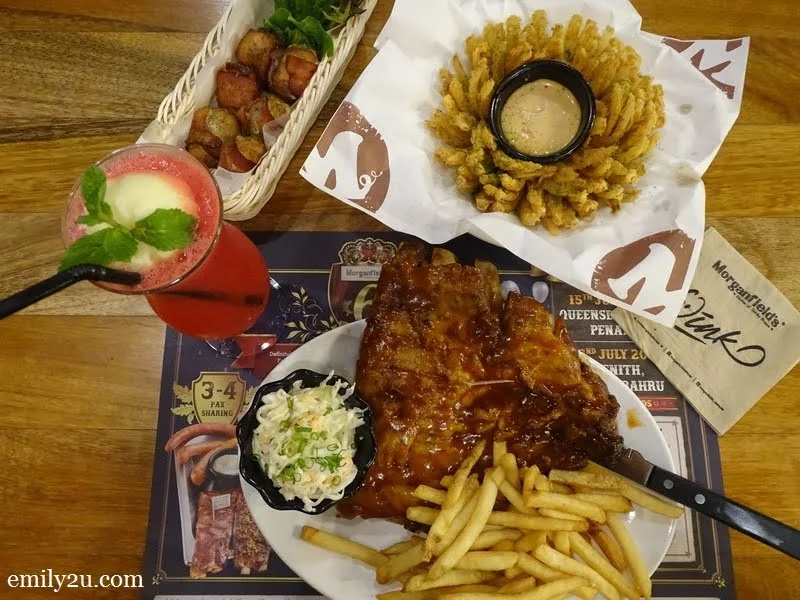 clockwise from left: Aqua Fresca, Bacon Wrapped Meatballs, Onion Blossom & Hickory BBQ Spare Ribs