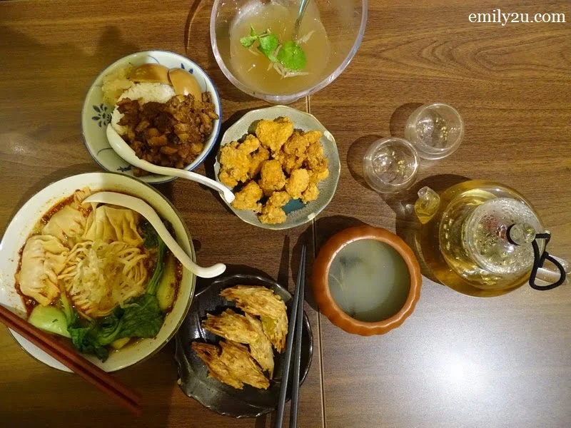 clockwise from left: Spicy La Mien with Dumpling, Lu Rou Fan with Soup of the Day & Popcorn Chicken followed by Yam & Pumpkin Puffs