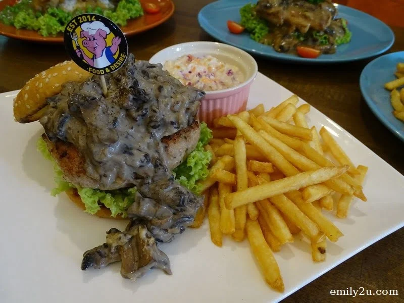 11. Grillicious Swiss Mushroom Pork Burger, a signature item served at Food & Desire, with fresh homemade minced pork