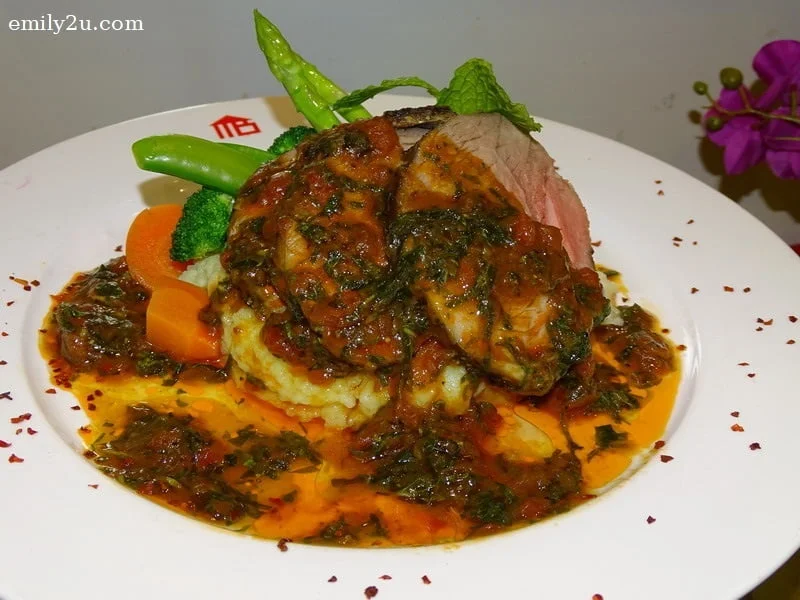 5. Main - Boneless Roasted Lamb Leg Served with US Mash Potato, Cameron Fresh Vegetables of the Day and Mint Salsa
