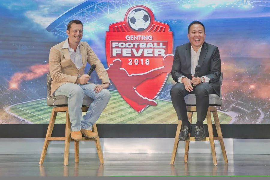 Gavin O'Luanaigh (L) and Kevin Tann answer questions during the media session at the Genting Football Fever 2018 launch