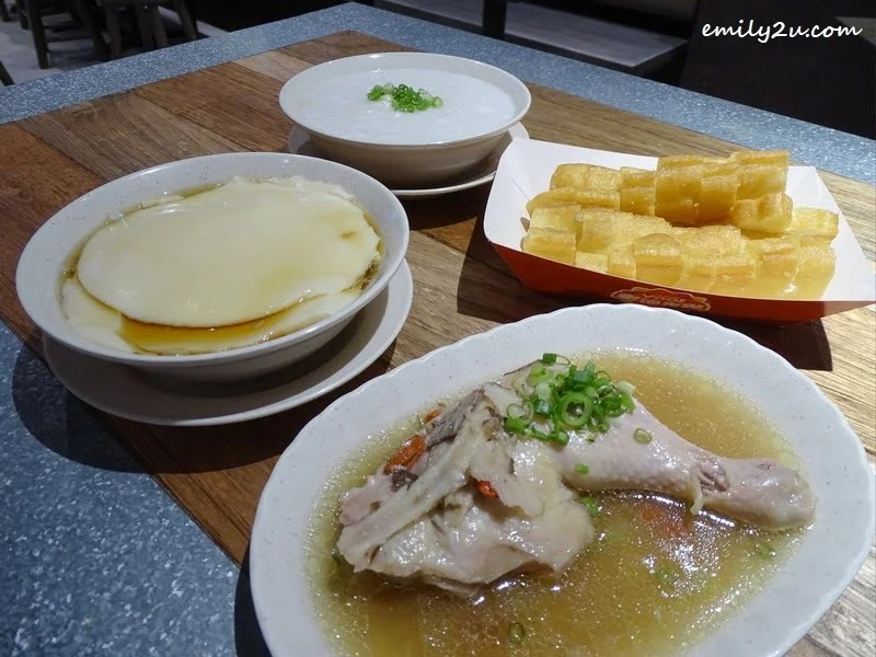 Clockwise L - R: Tau Foo Fa, Porridge, Yoo Tiao & Fragrant Herbal Salted Chicken @ I Love Yoo!, SkyAvenue
