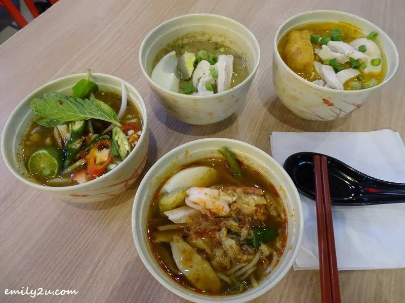 Little Bowl Noodles (clockwise L - R): Laksa, Green Curry, Curry & Prawn Mee @ Only Mee, SkyAvenue