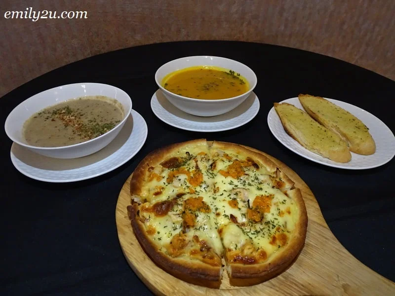 7. Salted Egg Chicken Pizza with (L-R) Wild Mushroom Soup, Almond Pumpkin Soup & Bread