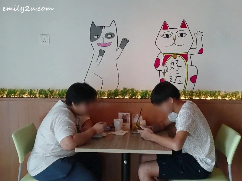 11. a couple waits for their meal, looked on by a pair of cats