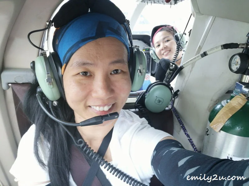 in the helicopter - wearing my UV protection Buff headwear already lol