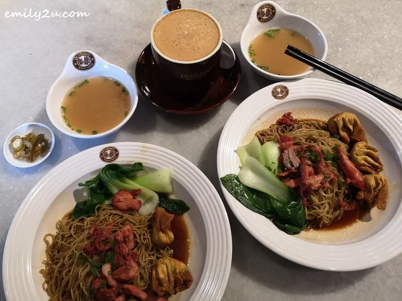 two sets of BBQ Chicken & Fried Wantan Dry Egg Noodles with add-on Oldtown White Coffee