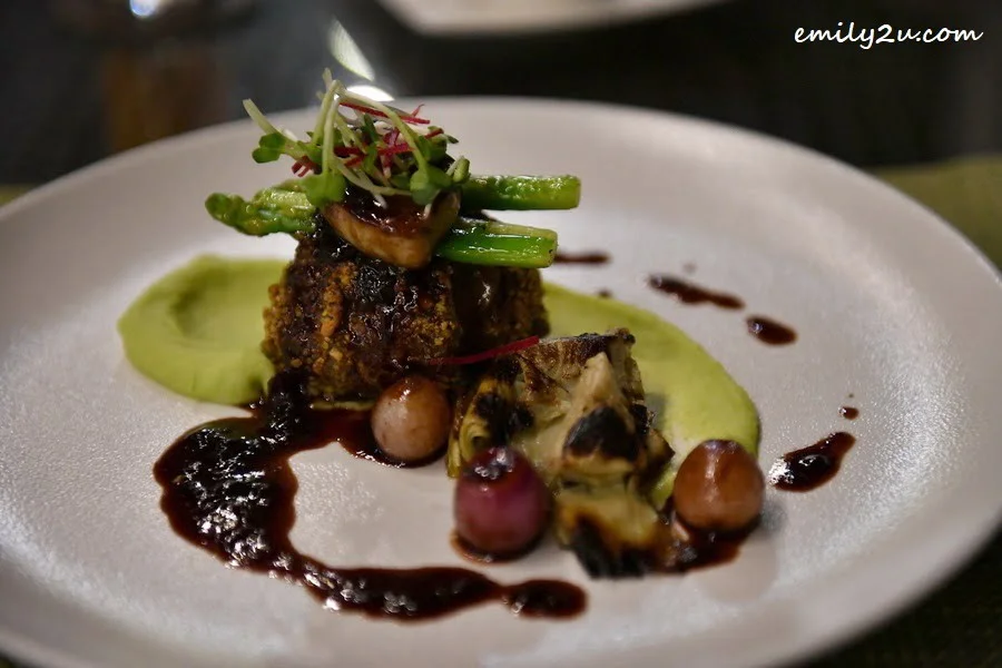 Mixed Nut Crusted Veal Tenderloin with Foie Gras alongside Green Mesh and Cherry Sauce