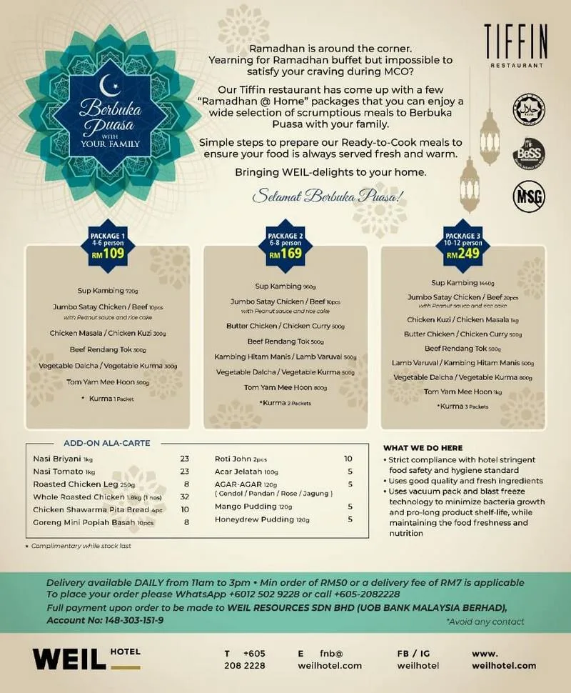 WEIL Hotel's TIFFIN Restaurant Ramadhan @ Home Ready-to-Cook packages