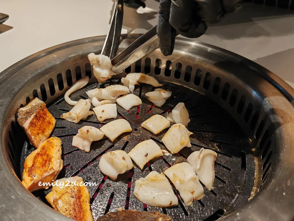salmon and squid on the grill