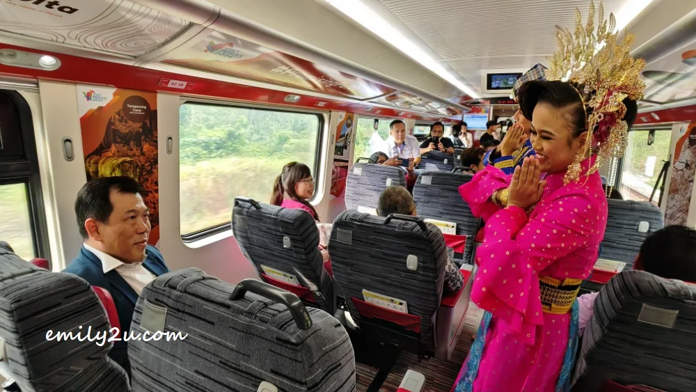 Jabatan Kebudayaan dan Kesenian Negara (JKKN) Perak dancers perform a traditional piece onboard the ETS 