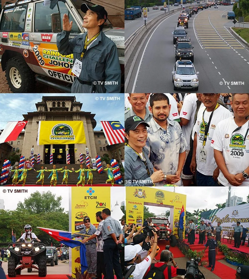 a montage of photos from the RFC 2009 flag-off in Johor - RFC founder, Luis Wee, in the top left photo